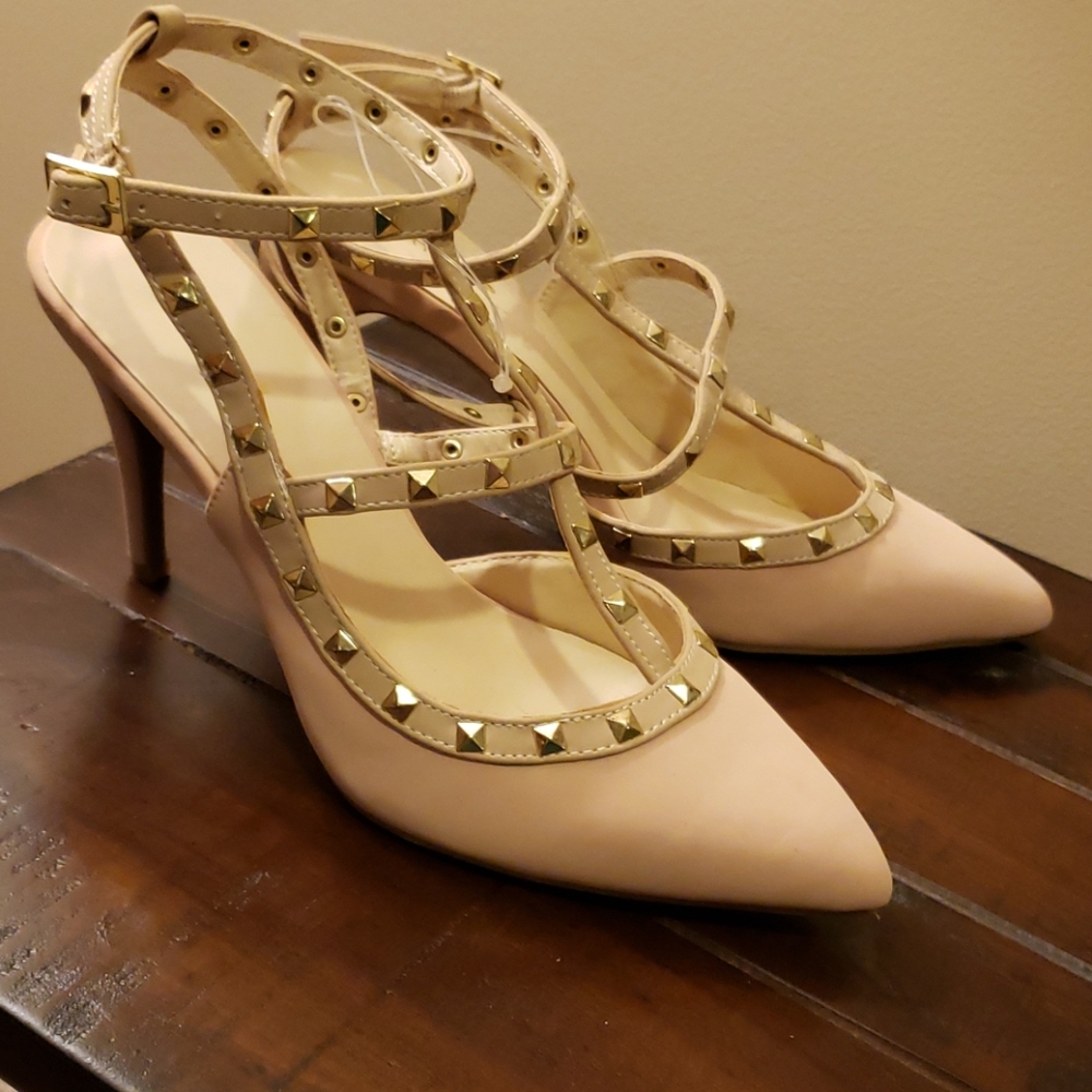 Womens heels with ankle strap & gold studs